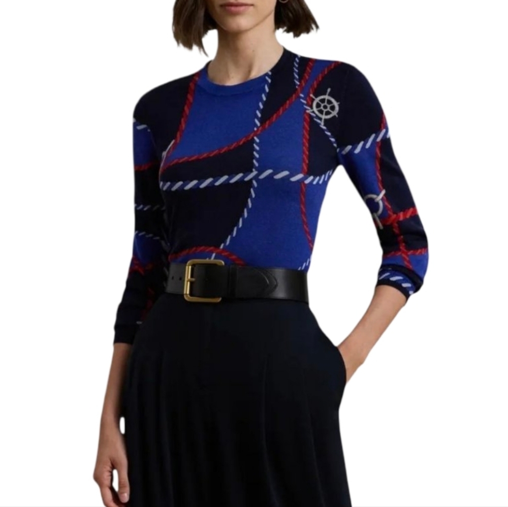 Lauren Ralph Lauren Nautical Rope Ship Wheel Crewneck Sweater Blue‎ Navy 2X New - Picture 2 of 12